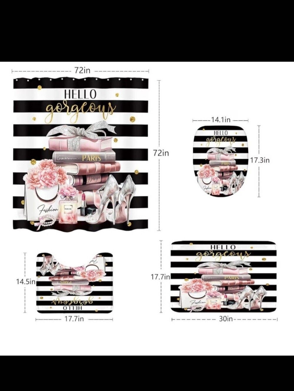 4pcs Set Hello Gorgeous Pink & Black Bath Shower Curtain And Mats - Picture 2 of 4